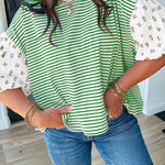 Green Stripe Floral Puff Sleeve Patchwork Round Neck Loose Top
