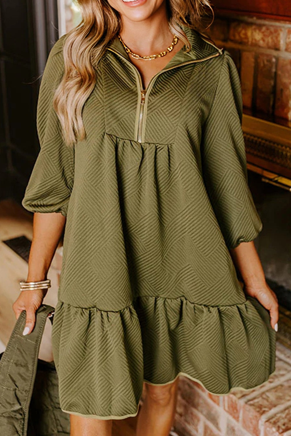 jungle mini dress Jungle Green Quarter Zip Collar Bracelet Sleeve Textured Mini Dress –  HannaBanna Clothing