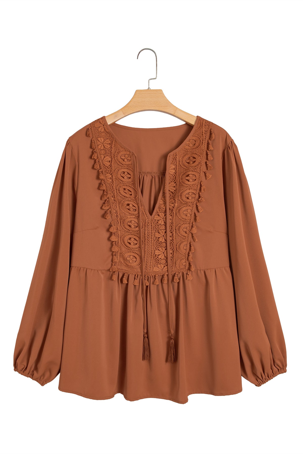 Chestnut Boho V Neck Embroidered Tassel Long Sleeve Plus Size Blouse