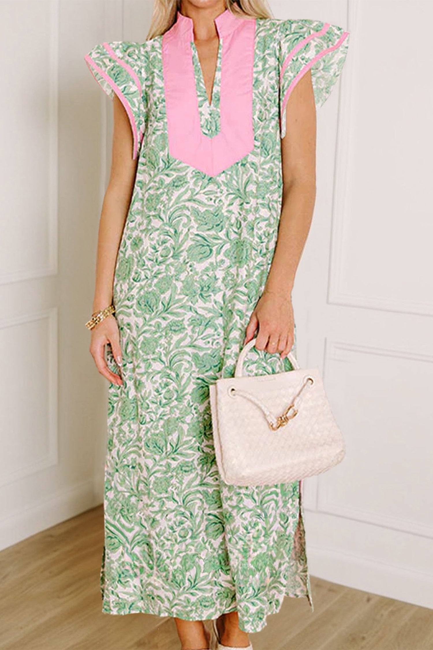green color block dress Floral Print Patchwork V Neck Short Sleeve Midi Green / M / 100%Polyester Width | Length:D Kids Dresser Green Goddess Dressing on constructionApprox