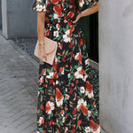 Black Fiery Floral Print Frilled V Neck Short Sleeve Maxi Dress