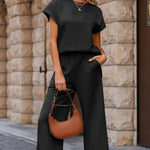 Black Solid Color Textured Short Sleeve Top and Casual Pants Set