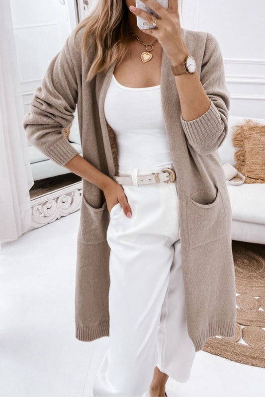 Apricot Ribbed Trim Pockets Open Front Midi Cardigan