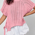 Pink Plus Size Open Knit Bow Tie Short Sleeve Sweater