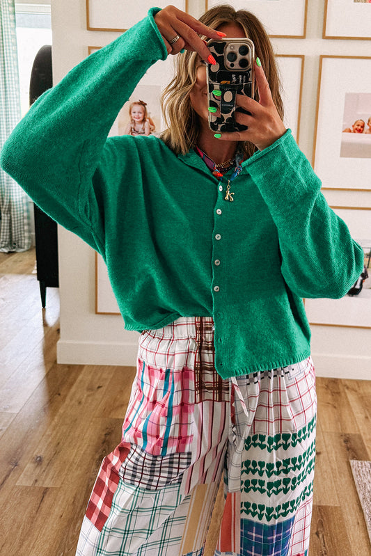 Bright Green Solid Color Knit Button Drop Shoulder Sweater Cardigan