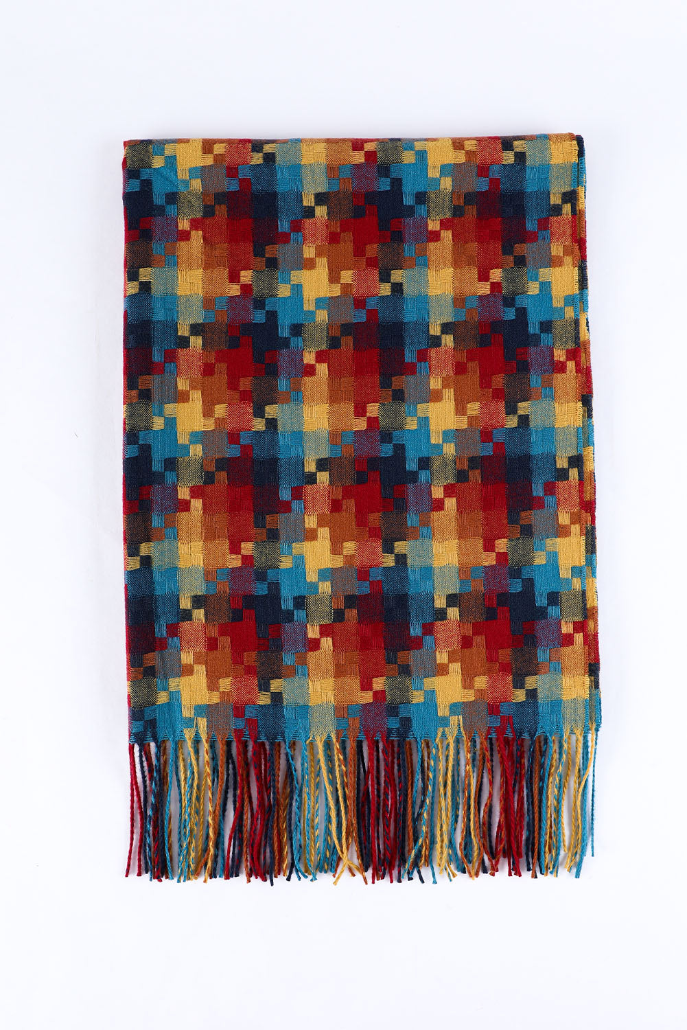 Bufanda con dobladillo con flecos y estampado de cuadros multicolor