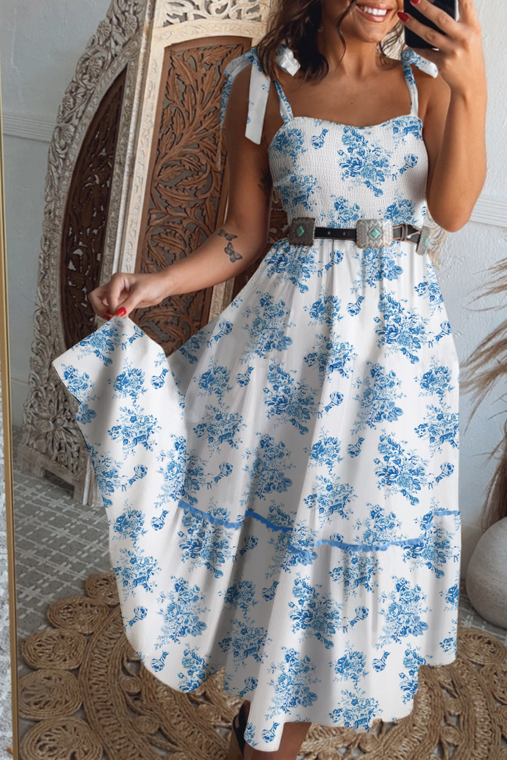 Sky Blue Floral Print Shirred Knot Shoulder Sleeveless Long Dress –  HannaBanna Clothing