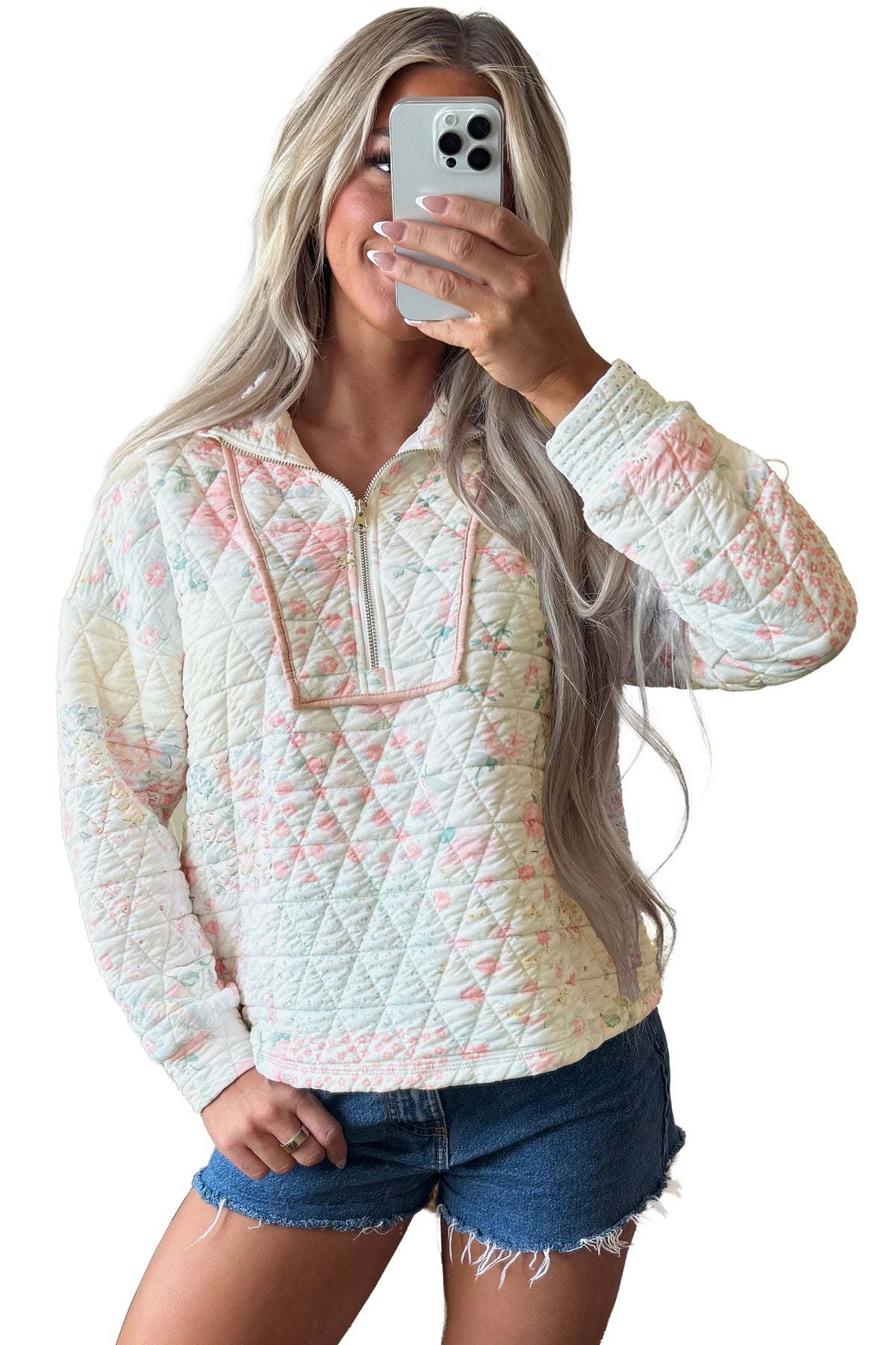 Multicolour Floral Quilted Metal Zipper Collar Long Sleeve Sweatshirt