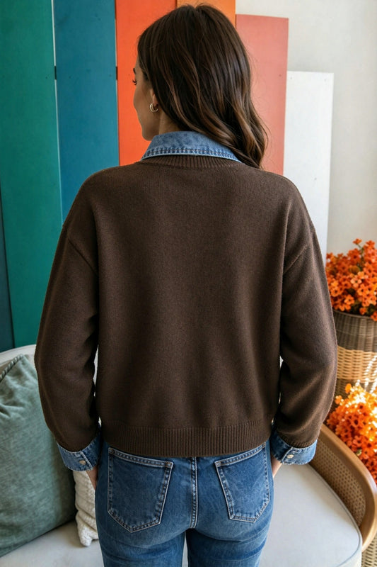 Coffee Contrast Denim Collar Button Down Sweater Cardigan