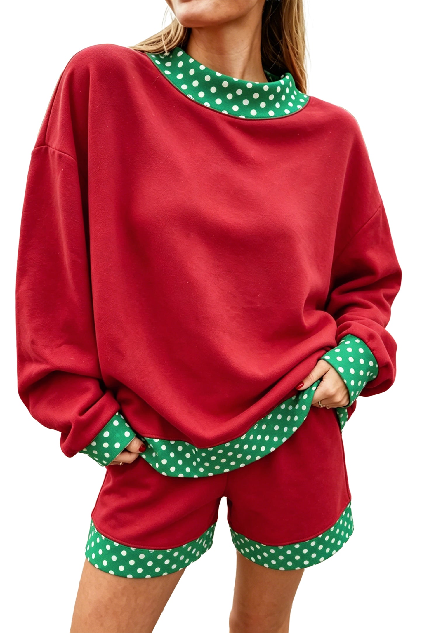 Racing Red Polka Dot Trim Baggy Pullover 2pcs Short Set
