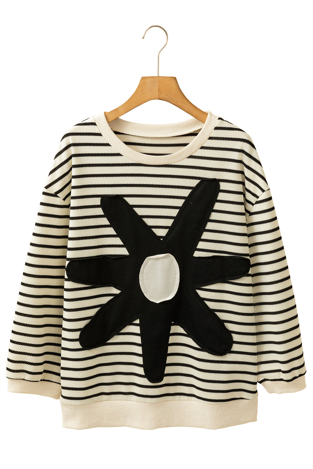 Black white Striped Big Flower Patched 3/4 Sleeve Top