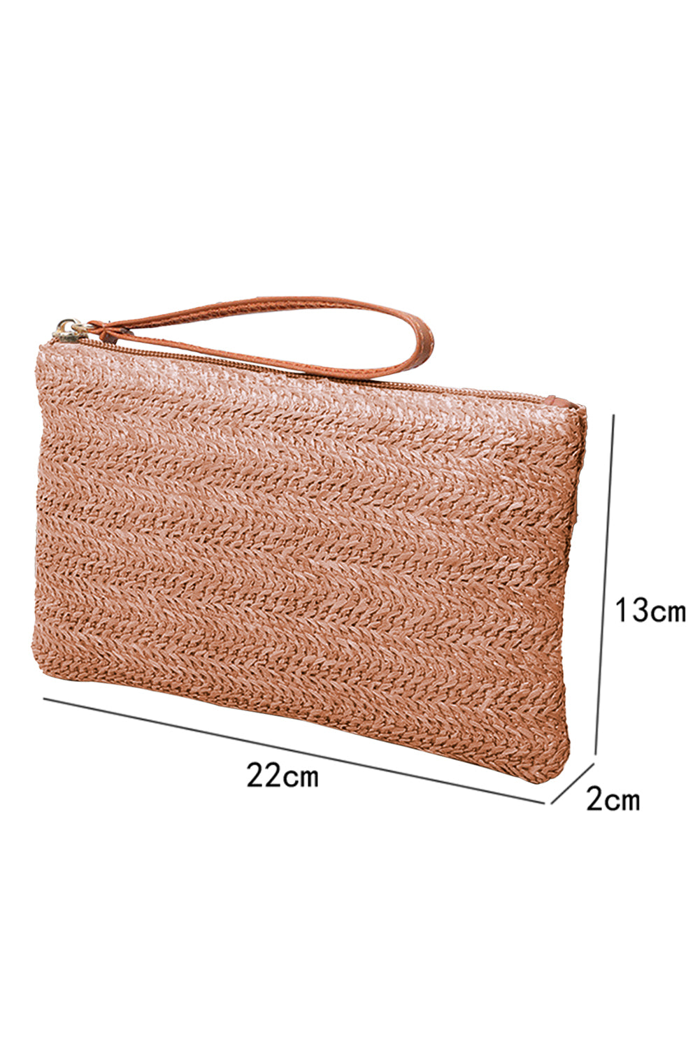 Chestnut Straw Woven Wrist Strap Zipper Large Wallet