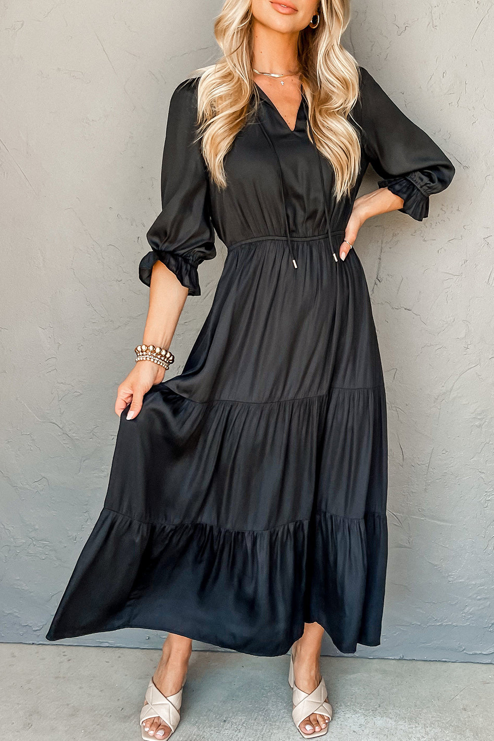 Black Flounced Bracelet Sleeve V Neck Tiered Maxi Dress – HannaBanna  Clothing
