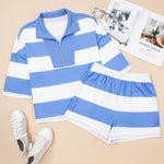 Sky Blue Stripe Seam Detail Half Zip Oversize Tee Casual Shorts 2pcs Set
