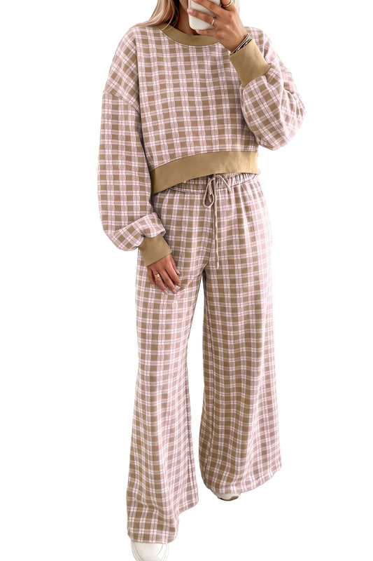Pink Plaid Long Sleeve Drop Shoulder Top Ribbed Color Block Trim Two Piece Pant Set