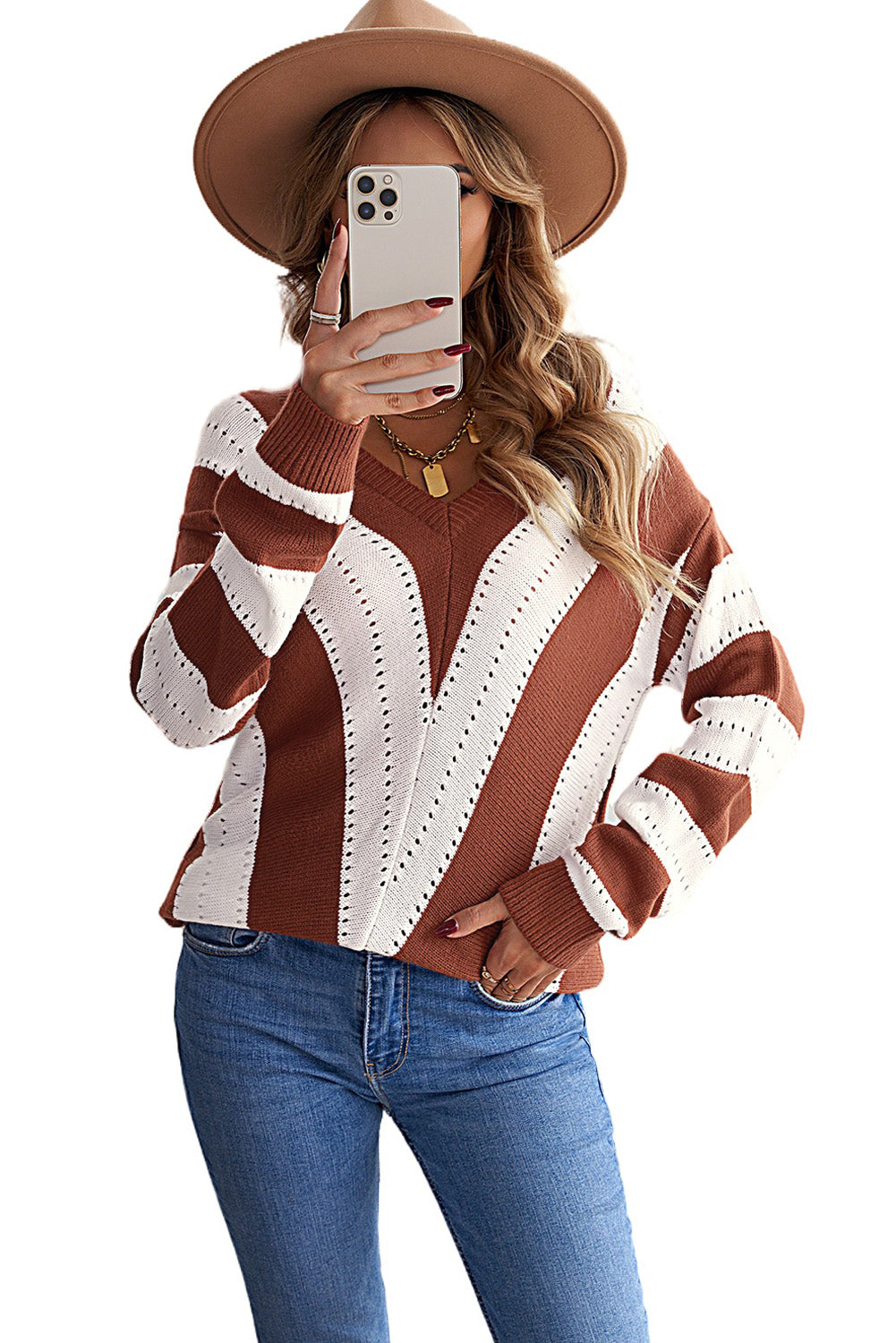 Brown Striped Colorblock V Neck Knitted Sweater