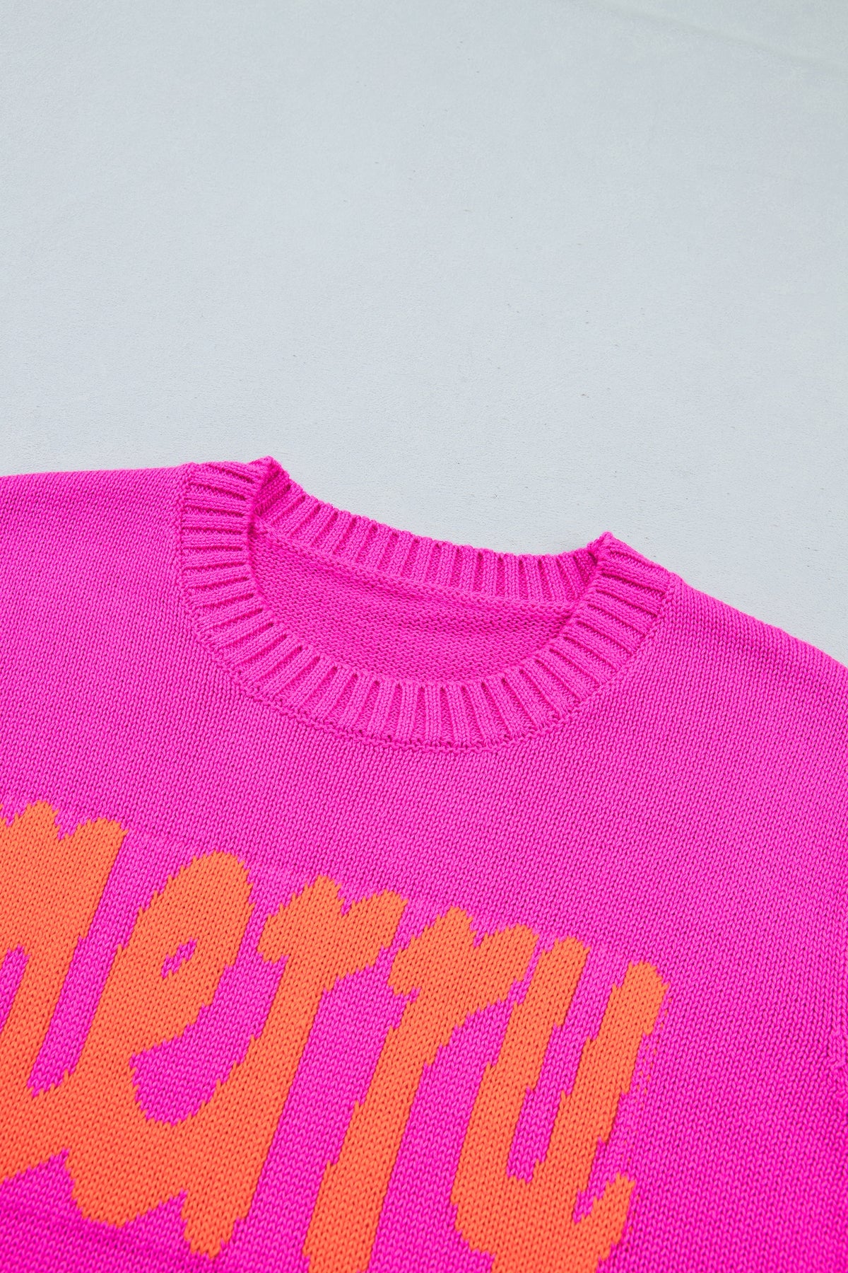 Rose Red Merry Print Ribbed Trim Round Neck Loose Fit Sweater