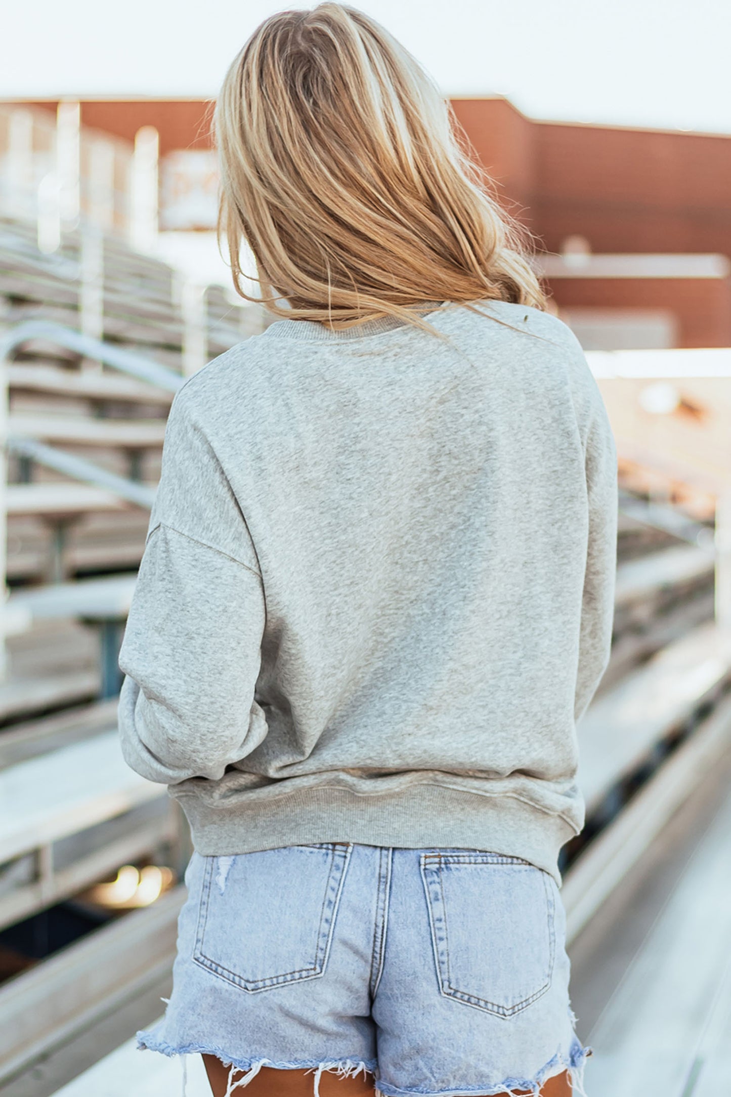Gray Tiny Clover Embroidered Drop Shoulder Casual Sweatshirt