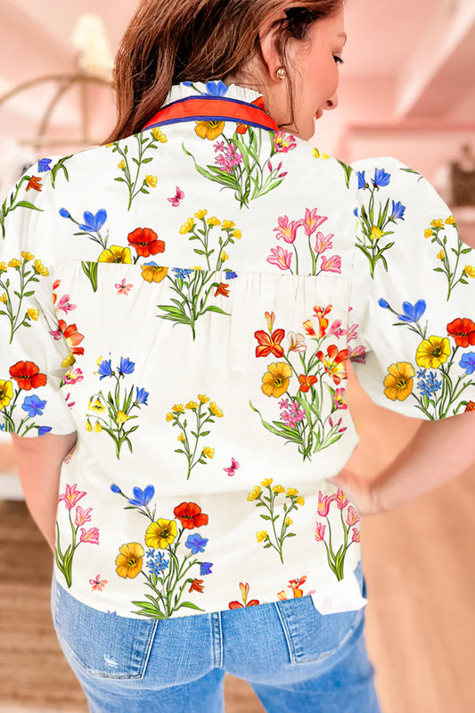 White Floral Short Puff Sleeve Contrast V Neck Print Blouse
