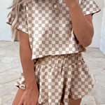 Brown Checkerboard T Shirt and High Waist Skorts 2 Piece Outfit
