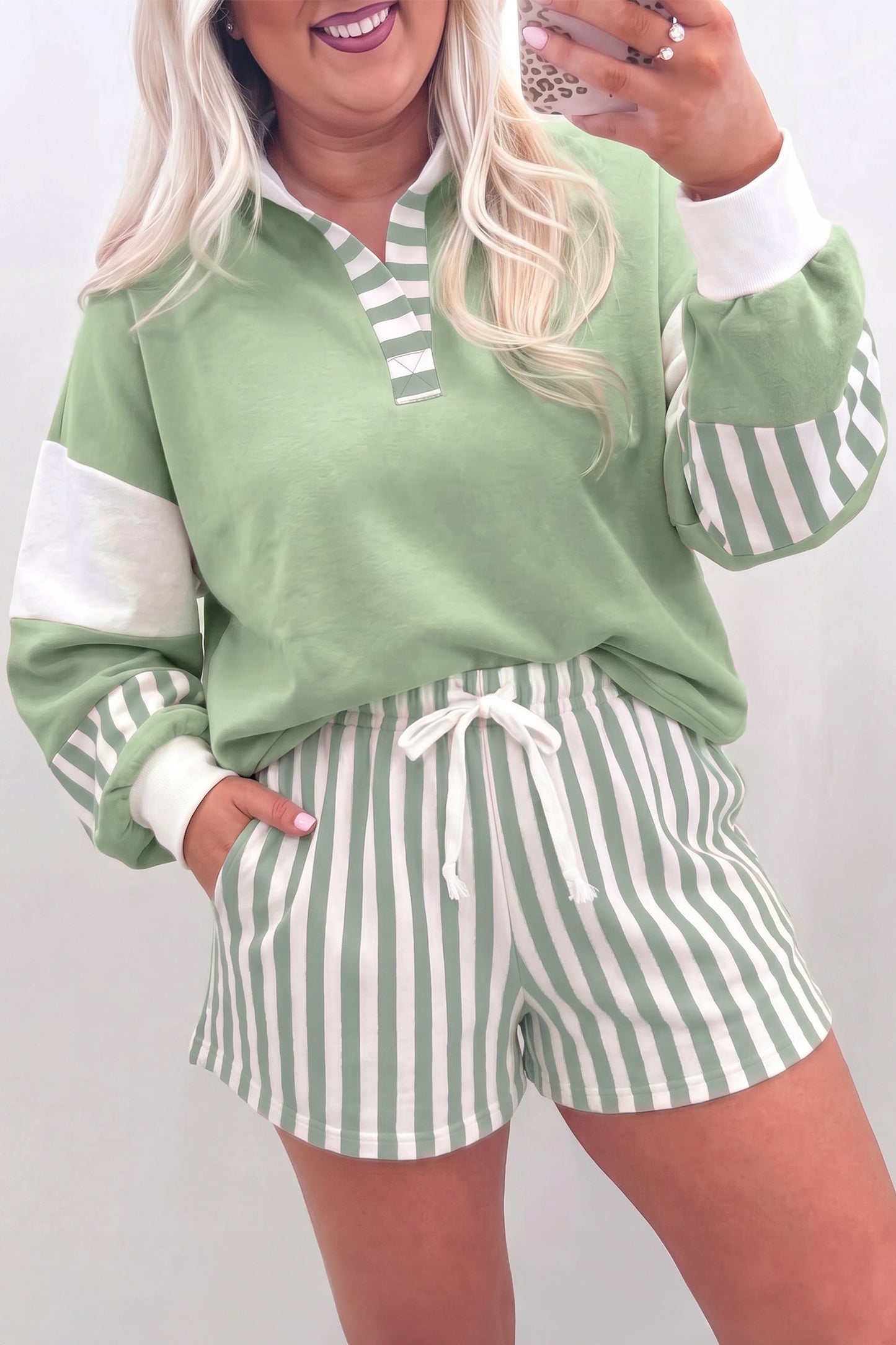 Smoke Green Striped Patchwork V Neck Two Piece Shorts Plus Size Set