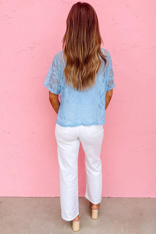 Beau Blue Sheer Floral Lace Boxy Tee