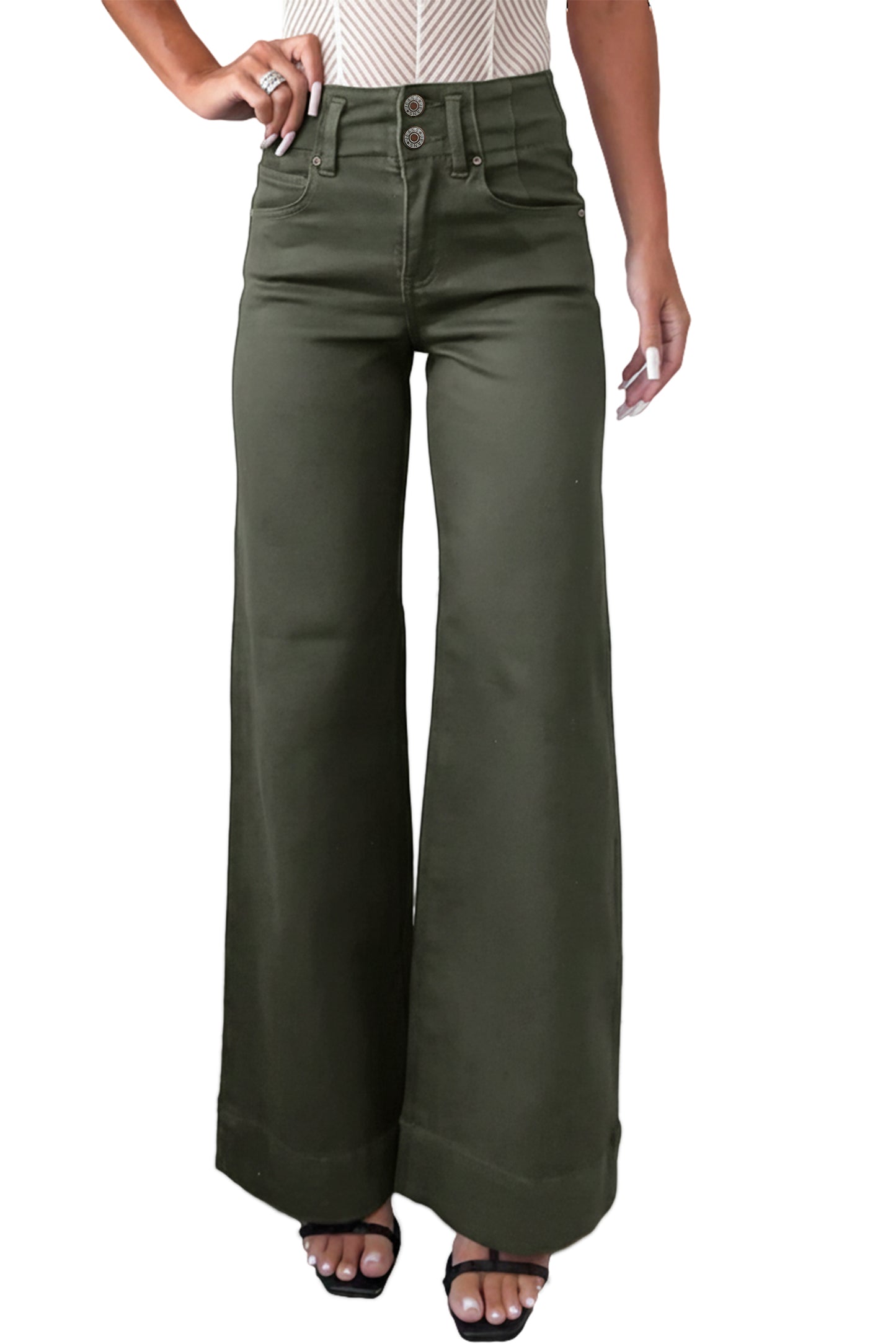 Mist Green 2-Button High Waist Flared Bottom Jeans
