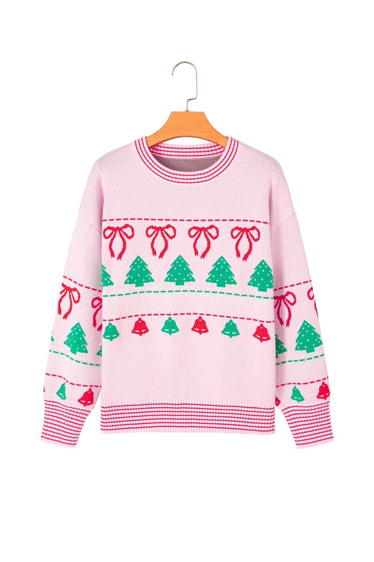 Pink Festive Holiday Print Round Neck Loose Tunic Sweater