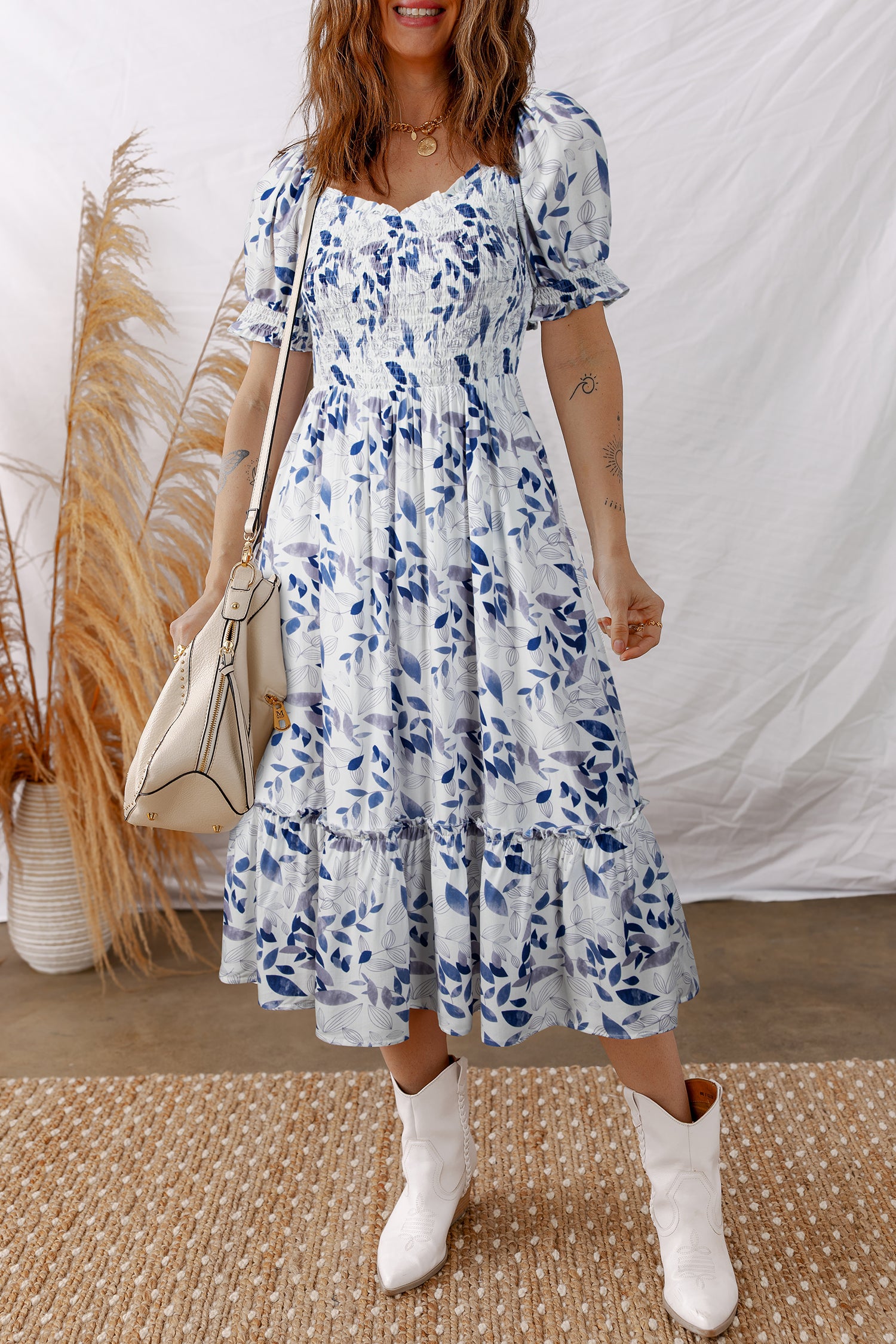 Sky Blue Smocked Bodice Short Puff Sleeve Tiered Floral Midi Dress Sky Blue / XL / 100%Viscose