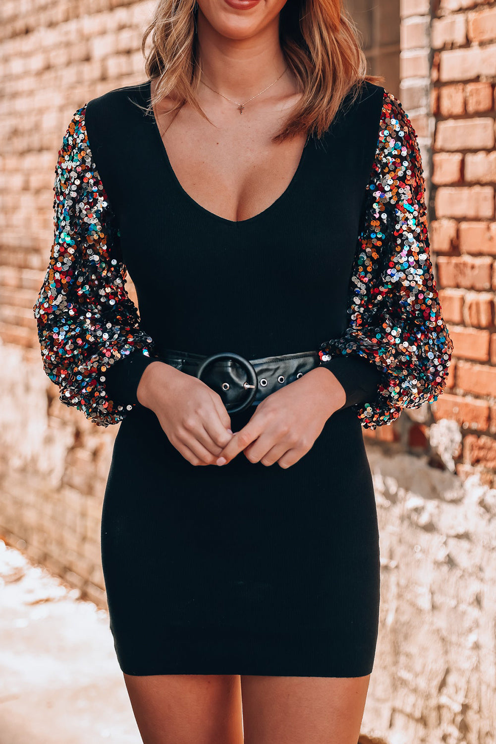 Black Sequin Bishop Sleeve U Neck Mini Sweater Dress Black Sequin Bishop Sleeve U Neck Mini Sweater Dress
