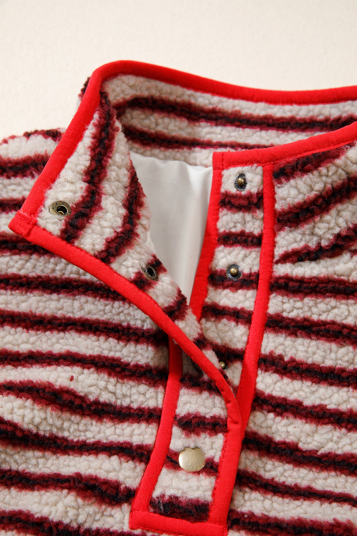 Red Striped Fuzzy Colorblock Button Placket Sweatshirt