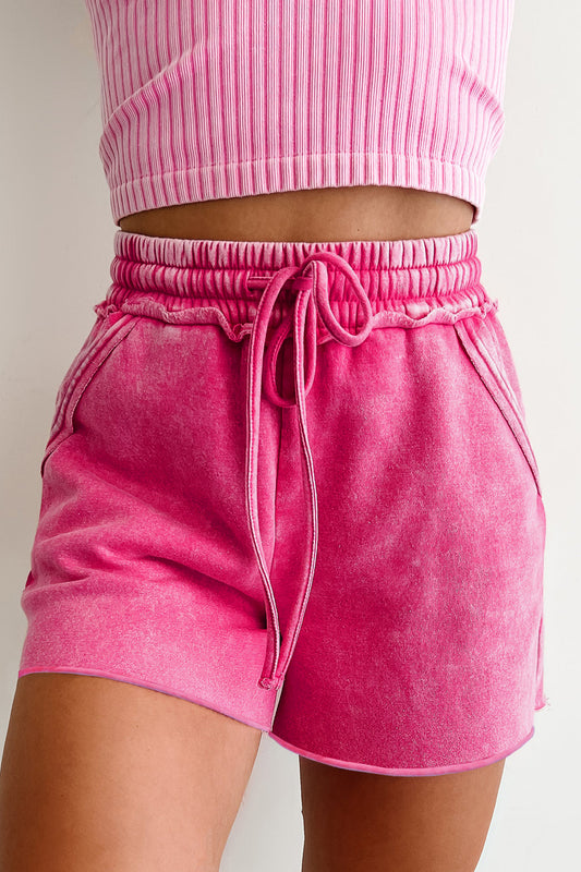 Rose Red 100% Cotton Mineral Washed Drawstring Elastic Waist Raw Cut Shorts