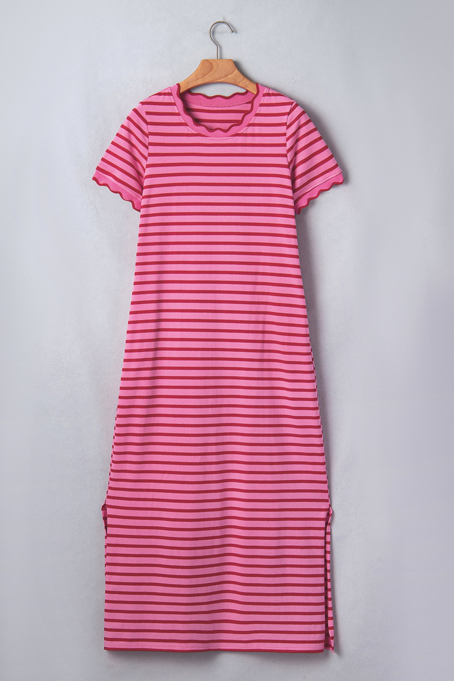 Rose Stripe Striped Short Sleeve Scalloped Trim Side Slit T-Shirt Dress
