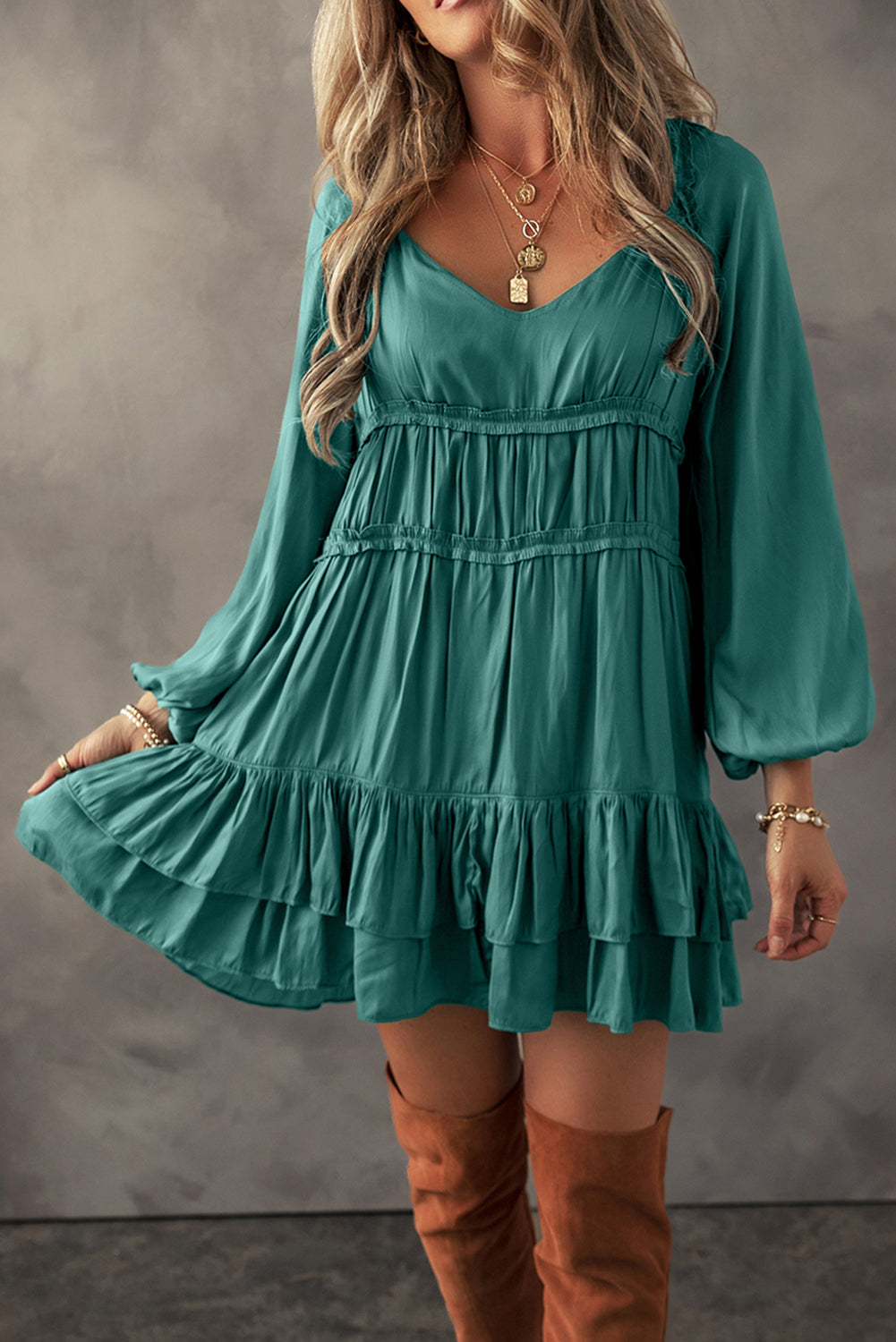 Mist Green Tiered Ruffled Puff Sleeve Loose Fit Mini Dress Mist Green / S / 97%Polyester+3%Elastane