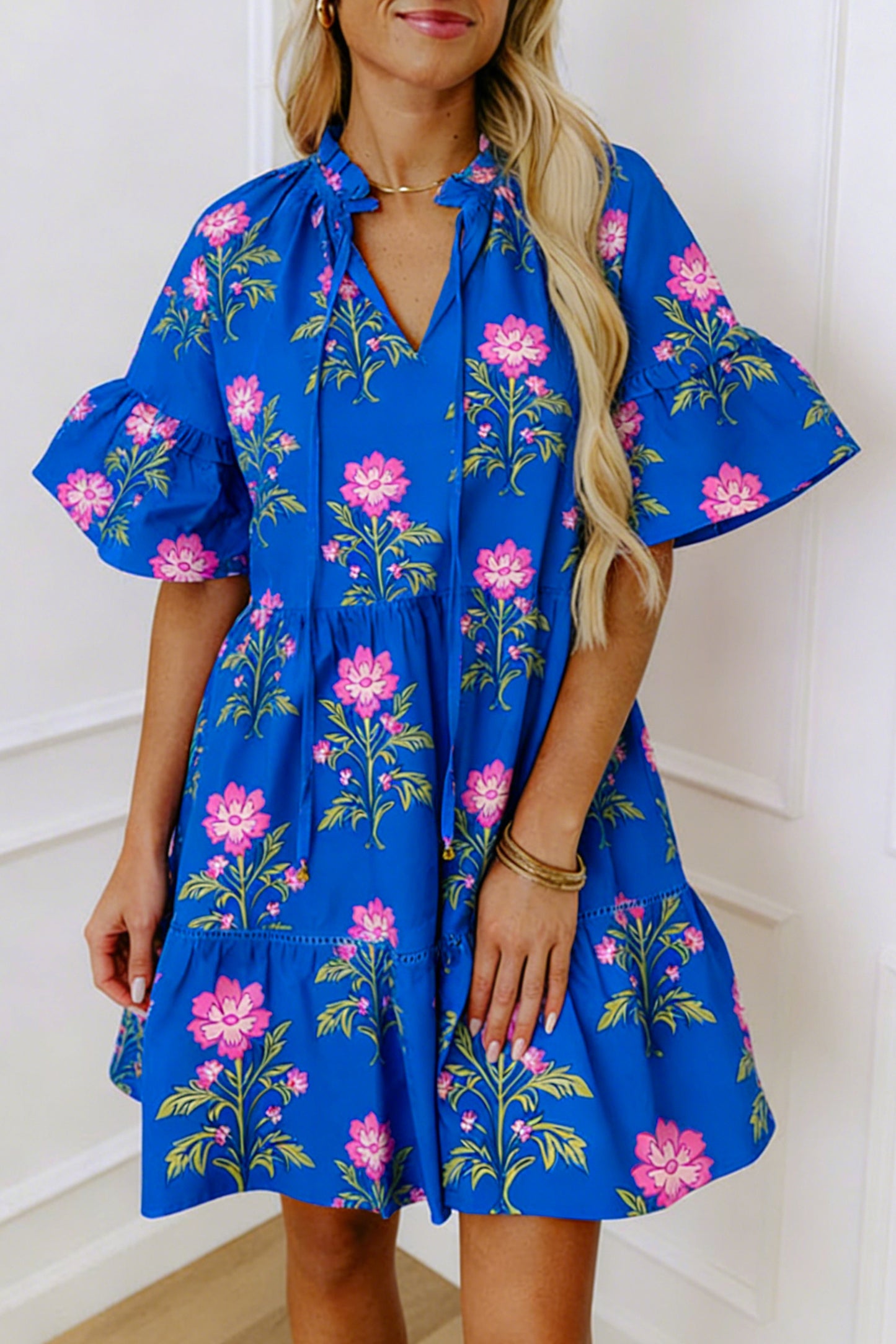 Blue V Neck Short Sleeve Loose Flower Dress