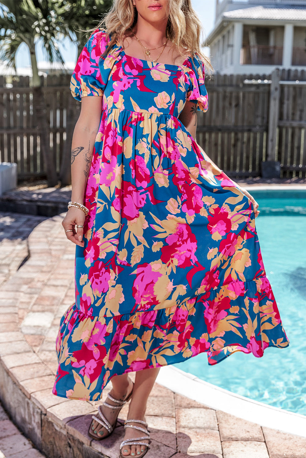 Dark Blue Square Neck Bubble Sleeve Ruffled Floral Dress – HannaBanna  Clothing