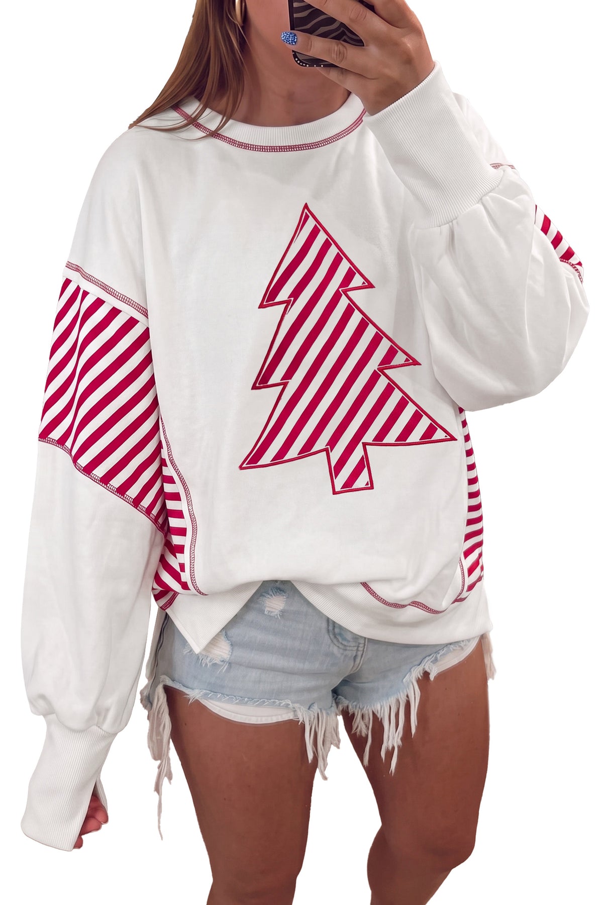 White Striped Contrast Christmas Tree Patchwork Puff Sleeve Top