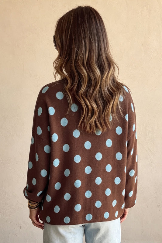 Brown Polka Dot Button Down Dropped Shoulder Shift Cardigan