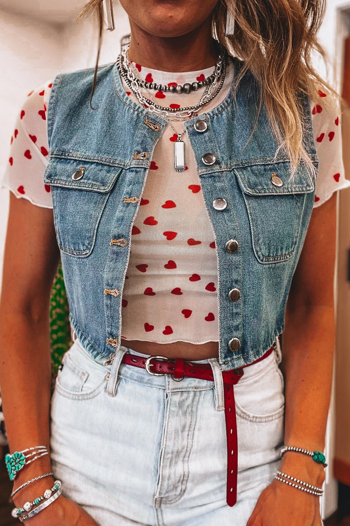 Red Allover Heart Print Mesh Short Sleeve Top
