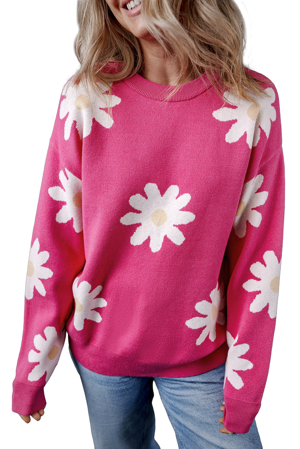 Pull ras du cou à manches longues et motif marguerites rose vif
