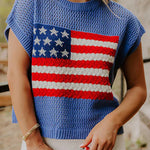 Sky Blue Flag Graphic Short Sleeve Sweater Top