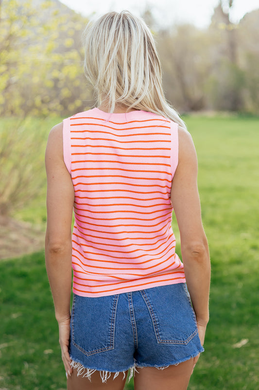 Pink Stripe Textured Knit Sleeveless Casual Sweater Top