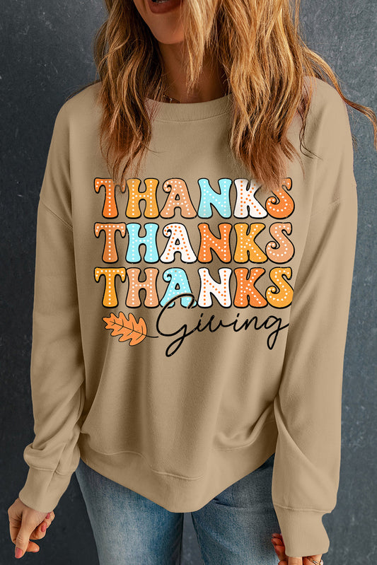 Sweat-shirt kaki à épaules tombantes et imprimé feuilles « THANKS giving »