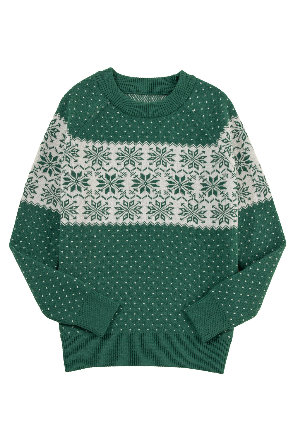 Pull col rond vert à imprimé flocons de neige et pois de Noël