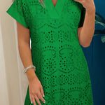 Green Solid Color Eyelet Embroidered T Shirt Mini Dress