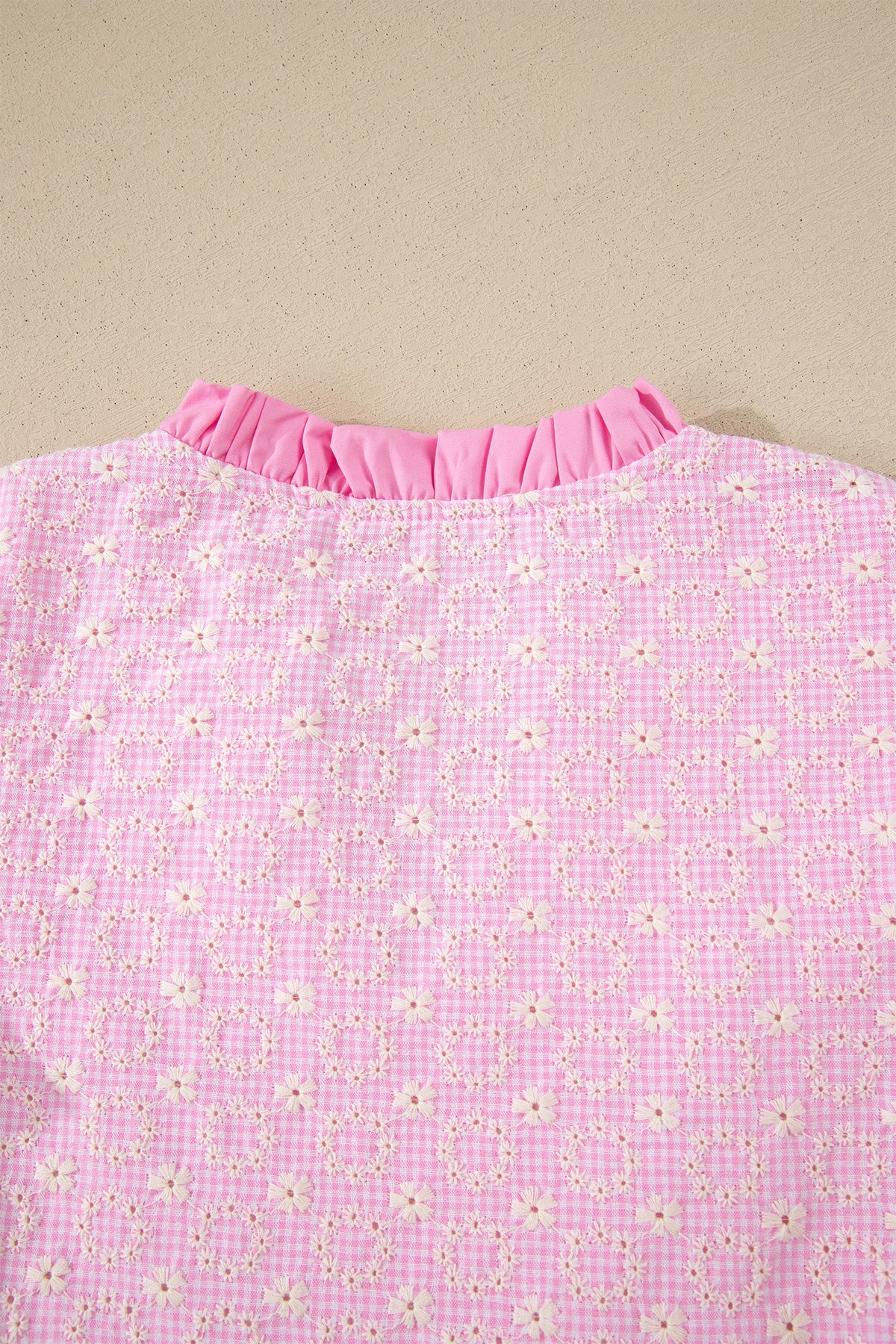 Pink Eyelet Embroidered Flower Texture Contrast Lace Trim Flutter Sleeve Blouse