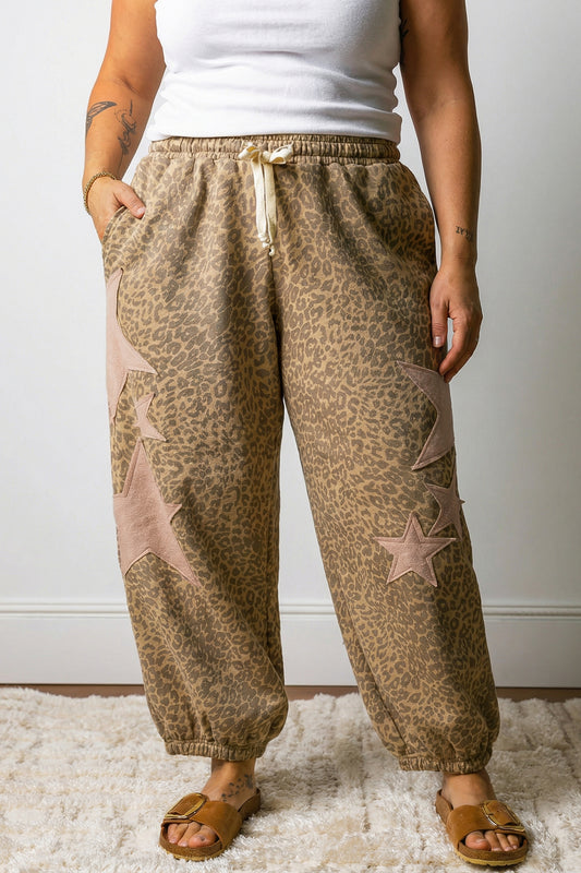 Khaki Plus Size Leopard Print Western Star Patched Jogger Pants