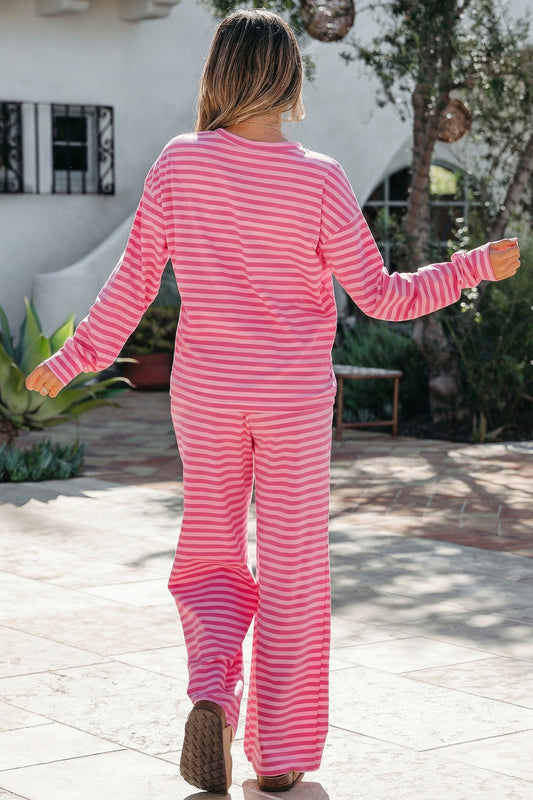 Rose Stripe Drop Shoulder Round Neck Top and Buttoned Straight Pants Two Piece Set
