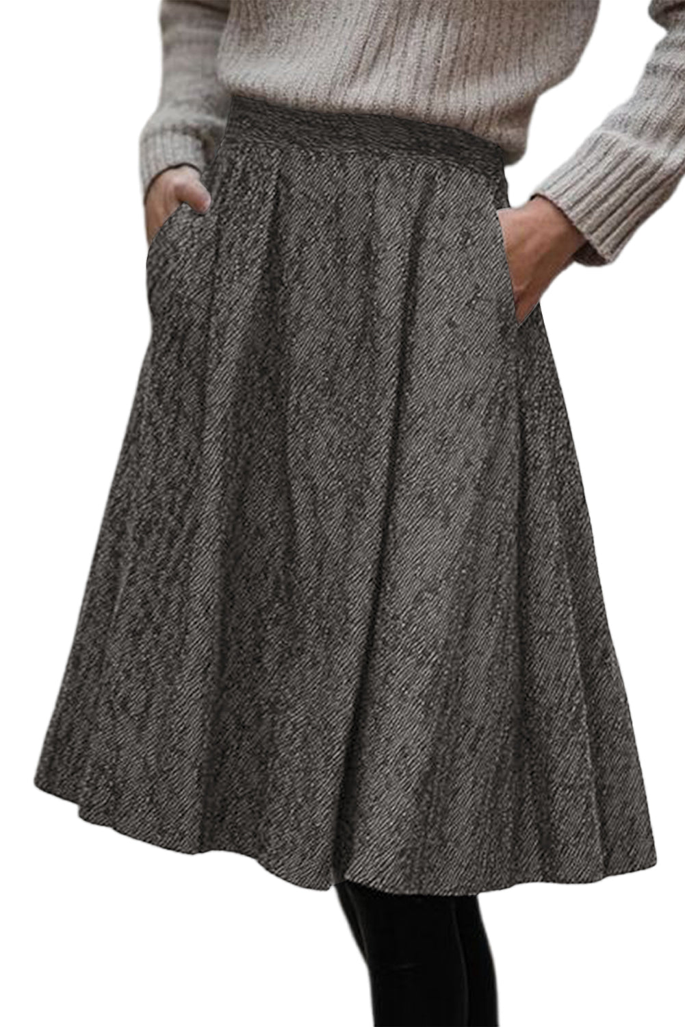 Dark Grey Solid Color Textured Pleated Midi Skirt