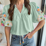Clearly Aqua Floral Embroidered Puff Sleeve Split Neck Blouse
